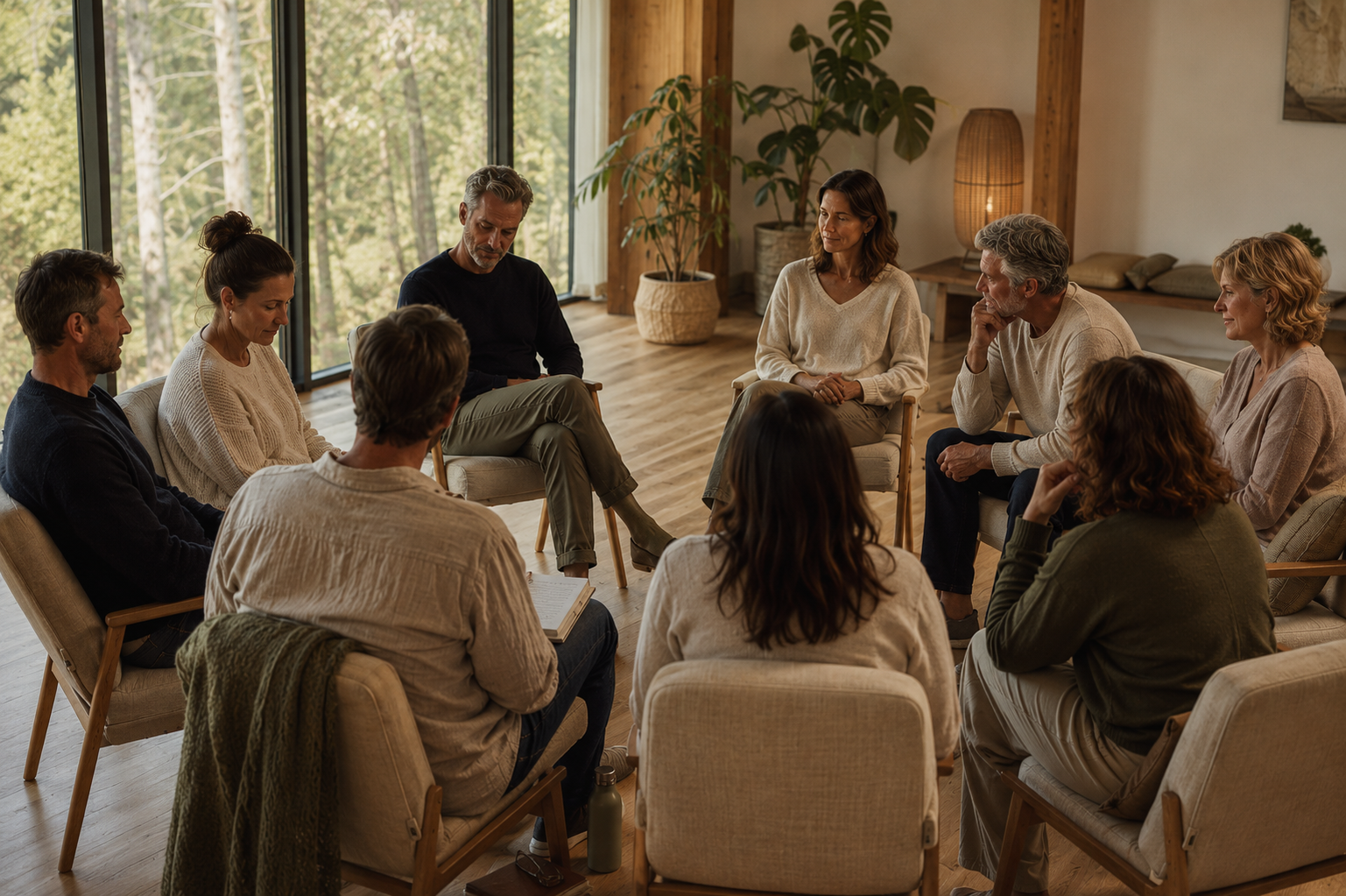 Participants assis en cercle de partage lors d'un stage